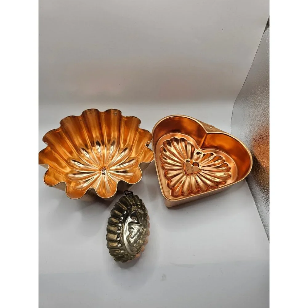 Vintage Copper Molds Set Of 3 With Floral Heart & Grape Designs For Kitchen Deco